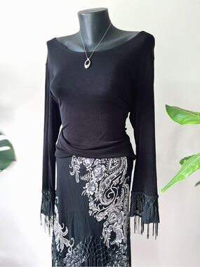 2006 Vintage | Black Fringe Bell Sleeve Top